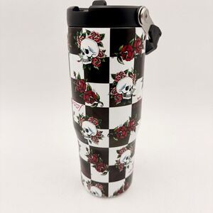 Ed Hardy Skull and Roses Checkered Stainless Steel Insulated Tumbler with Handle